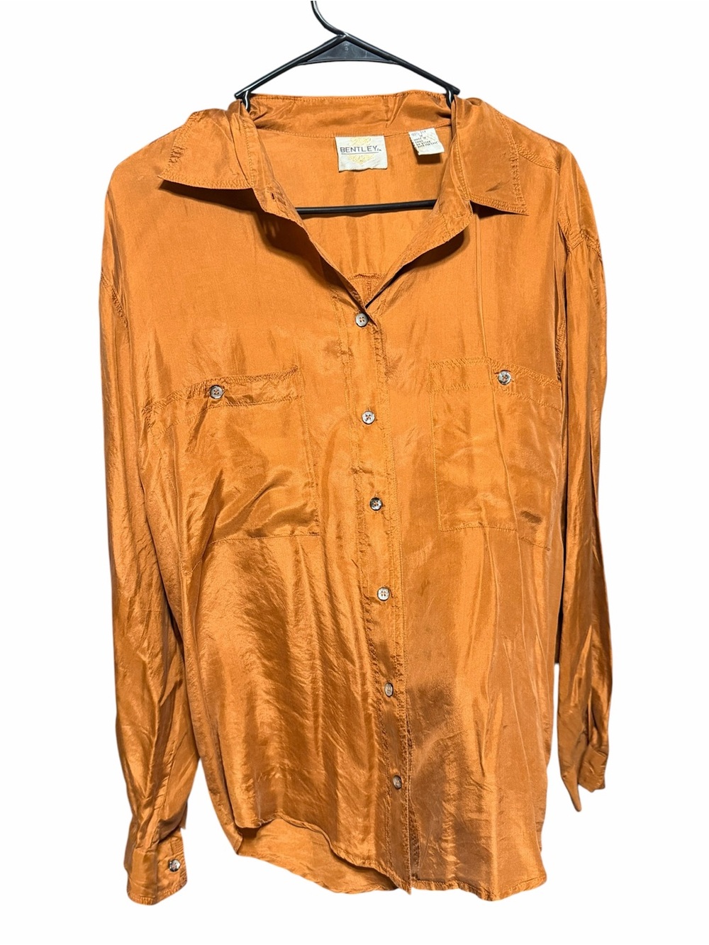 Vintage Bentley 100% Silk Shirt Womens M Rust Orange Oversized Button Up